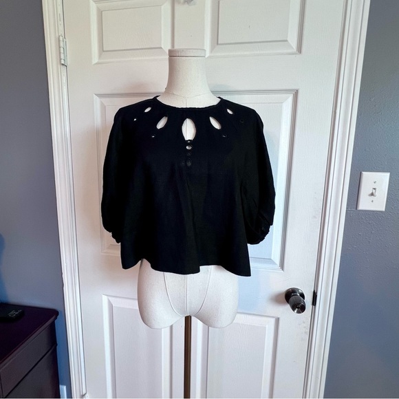 House of Harlow 1960 Revolve black linen blend cut out top puff sleeve womens XS - Picture 2 of 11